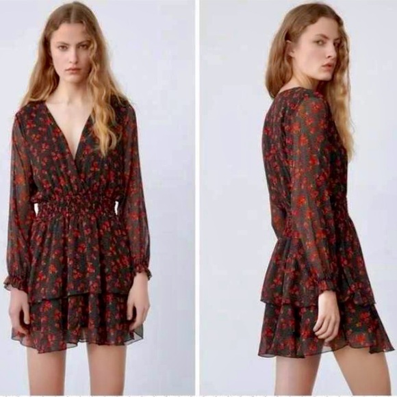 ZARA Floral Chiffon Long Sleeve V-Neck Flounced‎ Mini Dress Black Red Size Small - Picture 2 of 16